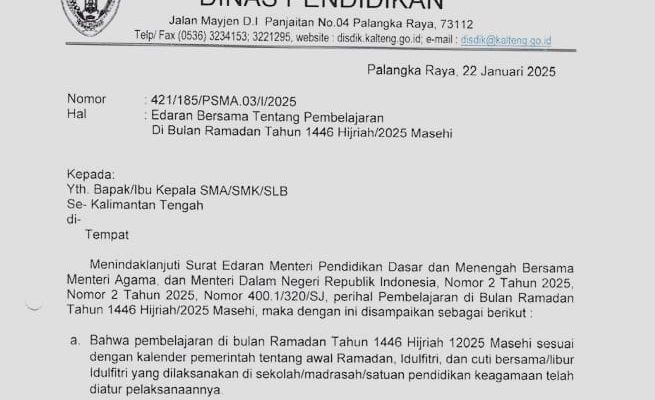 Disdik Kalteng Keluarkan SE Tentang Pembelajaran di Bulan Ramadan 2025