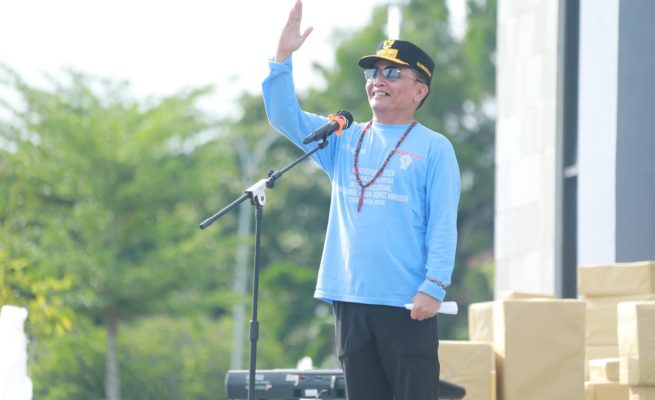 Gubernur Kalimantan Tengah Agustiar Sabran saat memberikan sambutan pada Peringatan Hari Buruh Internasional (May Day) Tahun 2026 yang digelar Forum Silaturahmi Serikat Pekerja Serikat Buruh di Bundaran Besar Palangka Raya (Foto: ist)