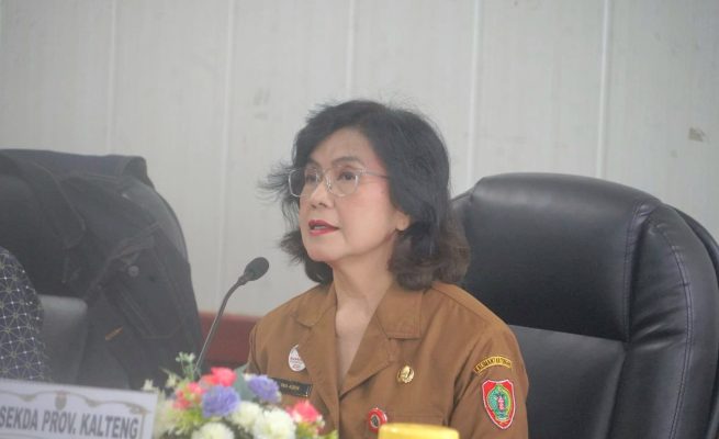 Pj. Sekda Kalteng Linae Victoria Aden saat memberikan sambutan pada Rapat Forum Komunikasi Strategi Penguatan Rekrutmen dan Reaktivasi Peserta Jaminan Kesehatan Nasional (JKN) Tahun 2026 (Foto:ist)