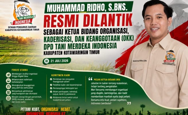 Muhammad Ridho Resmi Dilantik Jadi Ketua Bidang OKK DPD Tani Merdeka Indonesia Kotim